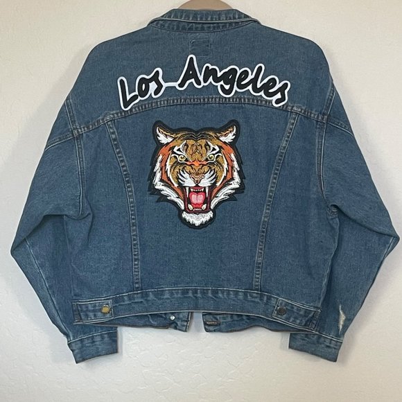 Boom Boom Jeans Women's Small Los Angeles Denim Jacket Tiger Embroidered/Patch - Picture 2 of 7